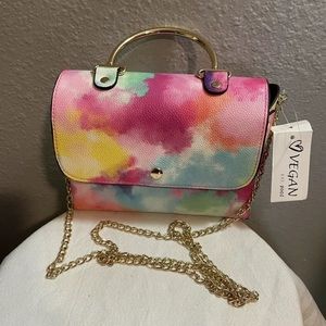 WOMENS' Mini Vegan Crossbody handbag Bright Multi Colored Gold Tone Chain
